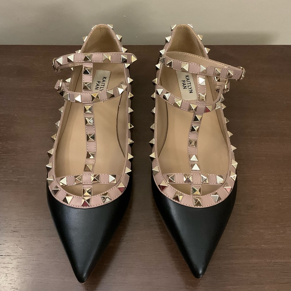 Kaitlyn Pan Rockstud Matte Caged Strappy Studded Flats, Black / Beige / Gold